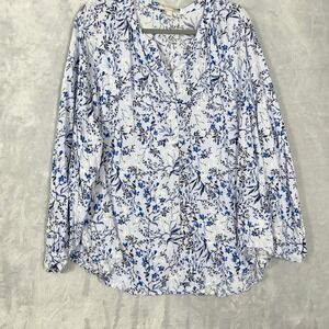 Woman Within Blue Floral Blouse Top Flowy Long Sleeve 2X Causal Coastal V-Neck‎